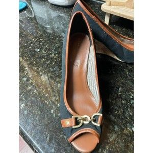 Tommy Hilfiger Tawnisha Peep Toe Canvas & Cork Heeled Wedges Size 9.5 M